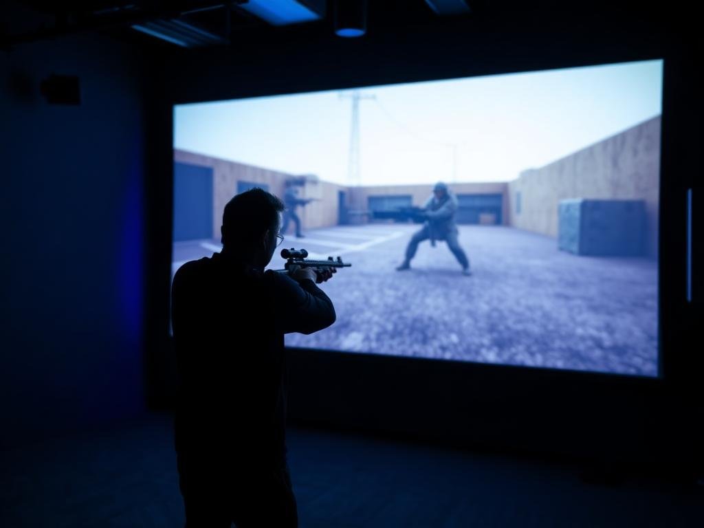 Handgun aimed at a live fire simulator screen