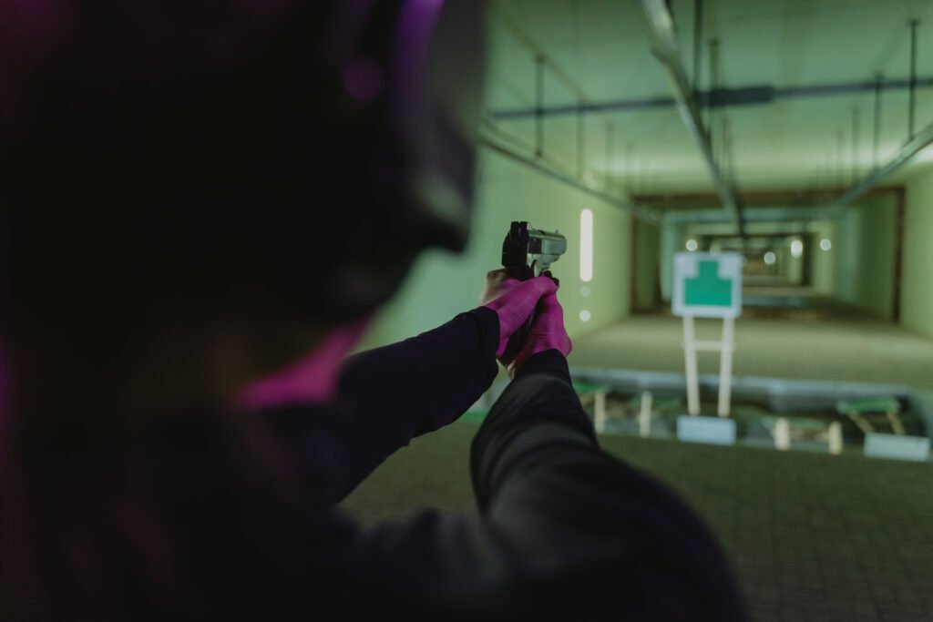 First-person view at an indoor firearms range