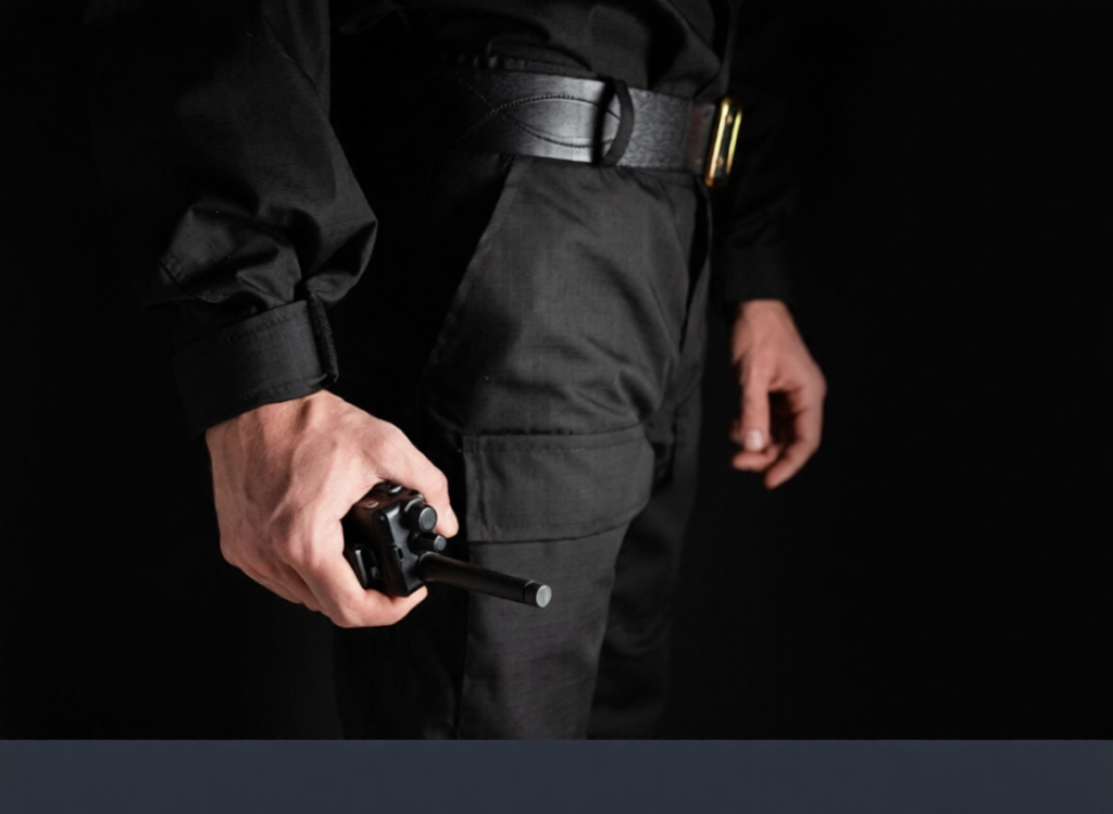 Security guard holding a radio